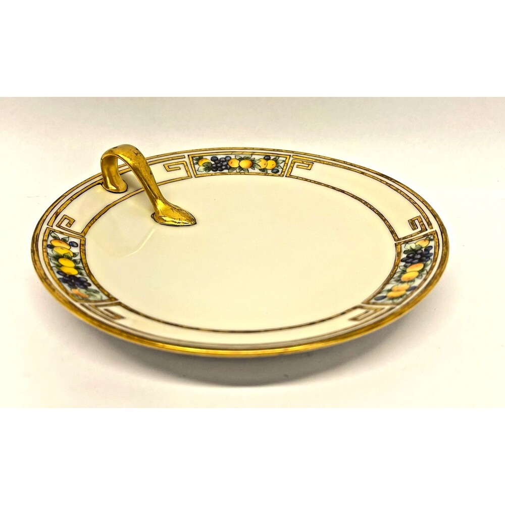 Vintage M B Hubschmitt Bavaria Fruit Bon Bon Dish Greek Key Gold Handle 6in